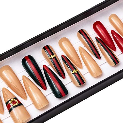 Bee Stripe Long Sculpted Stiletto Full cover Press on Nails